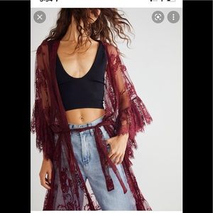 Free People Barbara Tiered Lace Kimono One Size Burgundy Color